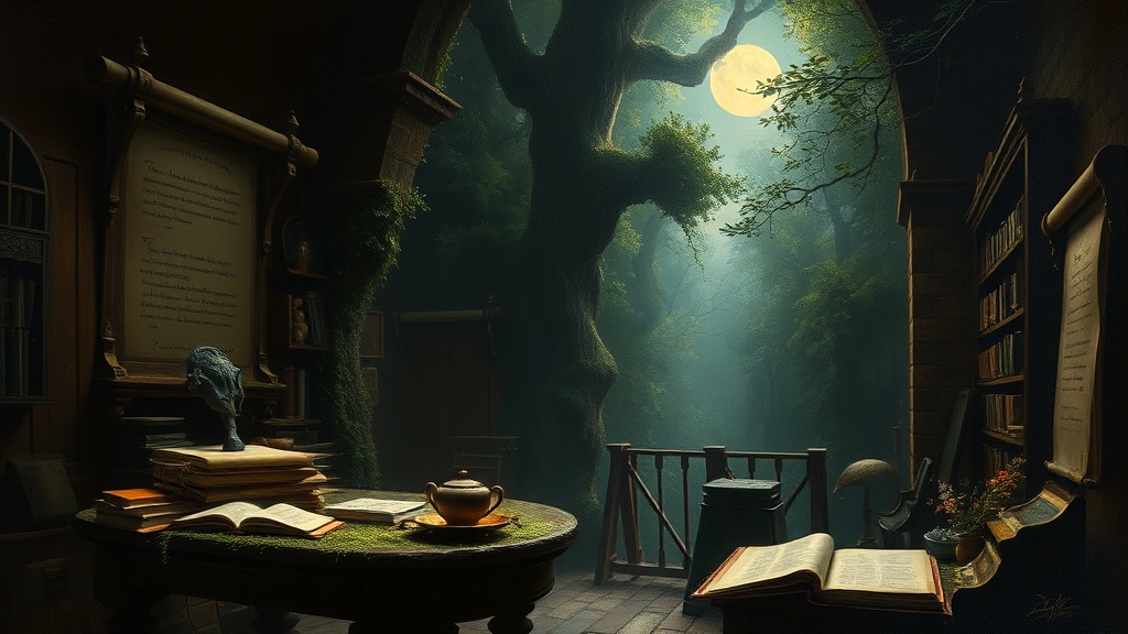 A crowded medieval scriptorium where dozens of scribes sit at desks, but only a few oil lamps are lit, casting small pools of light on manuscripts.