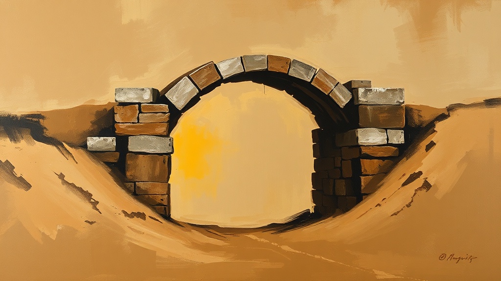 A stone arch bridge under construction, with wide shallow foundations on one side and a narrow deep shaft with a crane lowering a massive keystone on the other.