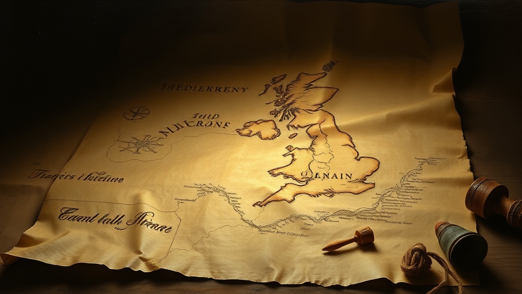 A parchment map shows a stone bridge under construction across the English Channel, with UK workers laying final stones and a hesitant EU figure holding a hammer.
