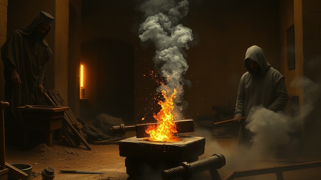 A blacksmith tempers a blade by moving it between fire and water, the metal glowing red then hissing steam, never static, as its structure emerges from oscillation.