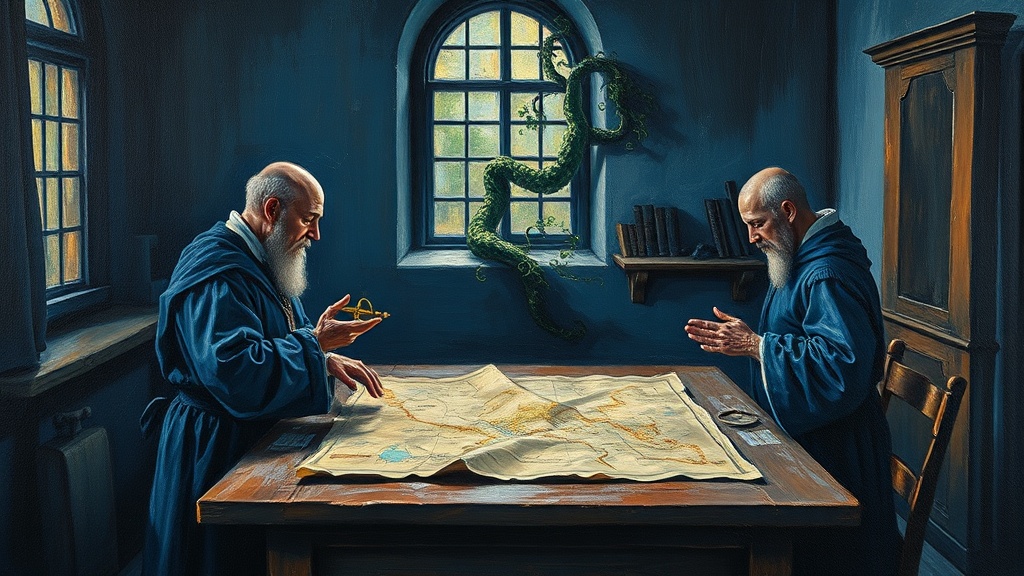 Two medieval cartographers argue over a map: one holds a rigid compass, the other points to a living vine growing through a window, its tendrils finding flexible paths through stone.