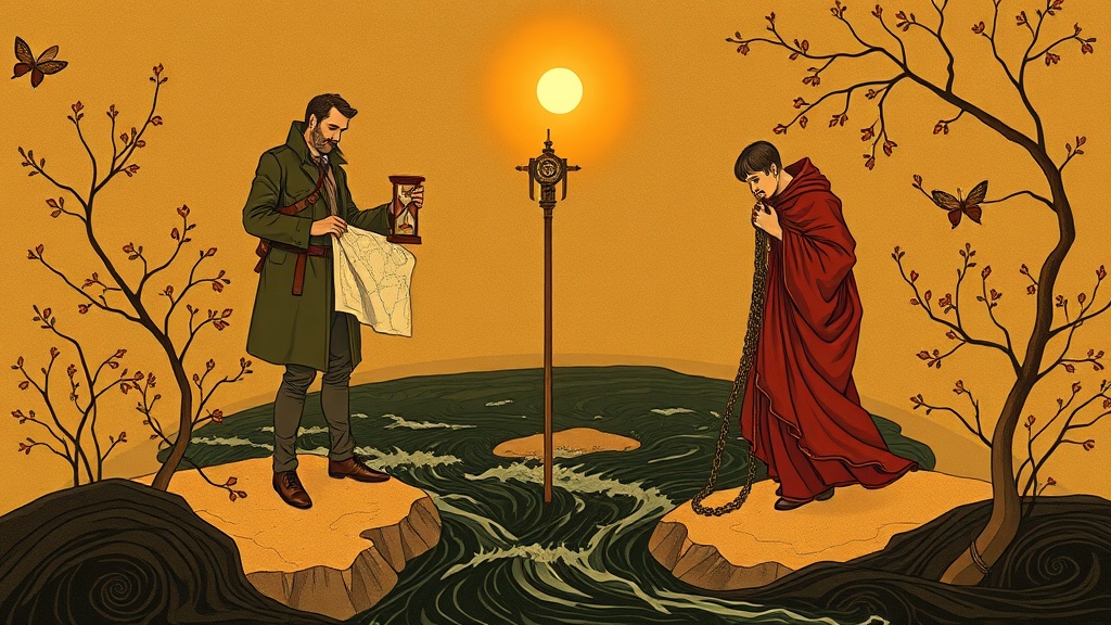 Two rival surveyors stand on opposite riverbanks; one drives an iron stake with a map and hourglass, while the other fumbles with a broken compass upstream.