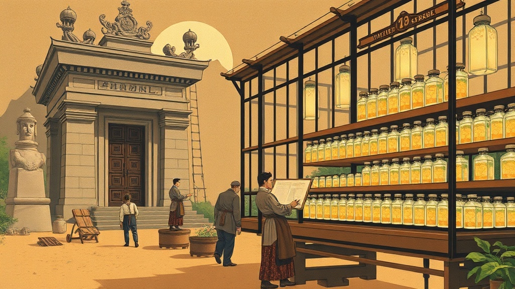 Workers in tunics and aprons retrofit an ancient stone temple into a Victorian greenhouse, lifting crystal lenses and placing glowing vials into a wooden rack.
