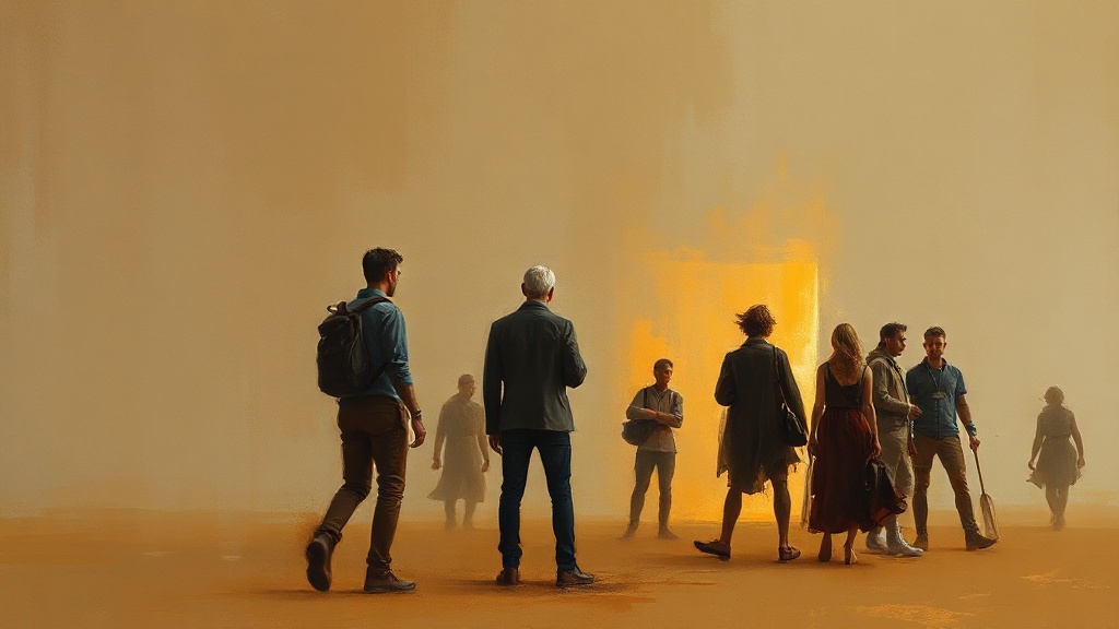 Figures in a fortified watchtower peer through telescopes and adjust a brass compass while fog rolls in, obscuring the landscape outside.