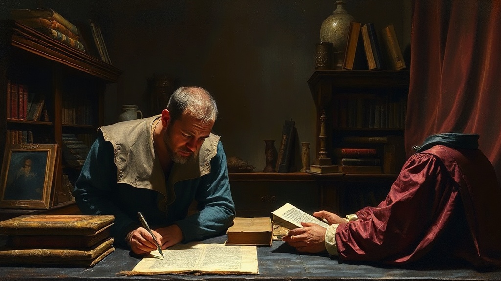 Multiple scribes in a medieval scriptorium work at separate desks, connected by invisible threads of light, while a central figure oversees them.