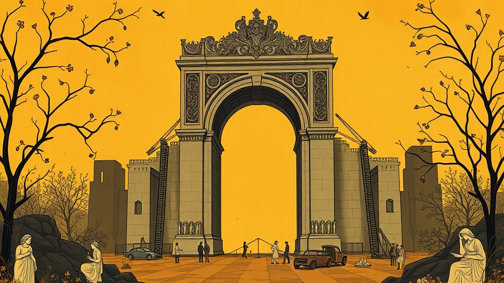 A grand stone arch under construction over a dark chasm; workers in ancient and modern garb carry stones and gold coins, with broken scales on one side and a single burning oil lamp on the other.
