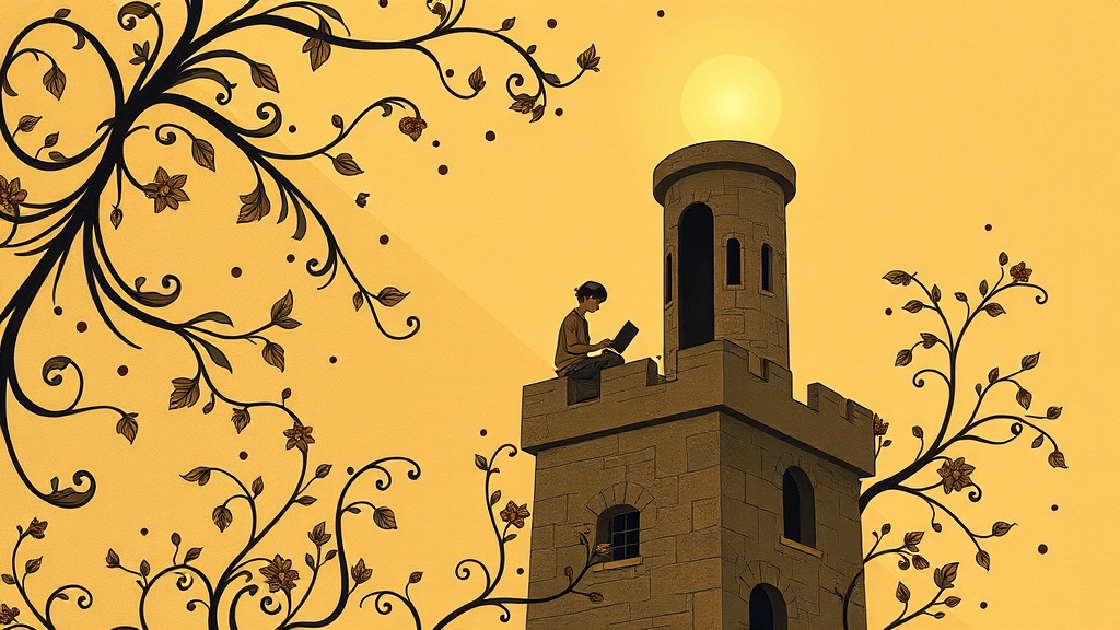 A cartographer in a stone tower draws a map of a fragmented coastline; one route is marked with a red X, another drawn in gold leads to a distant fortress, a storm cloud shaped like a hand looms above.