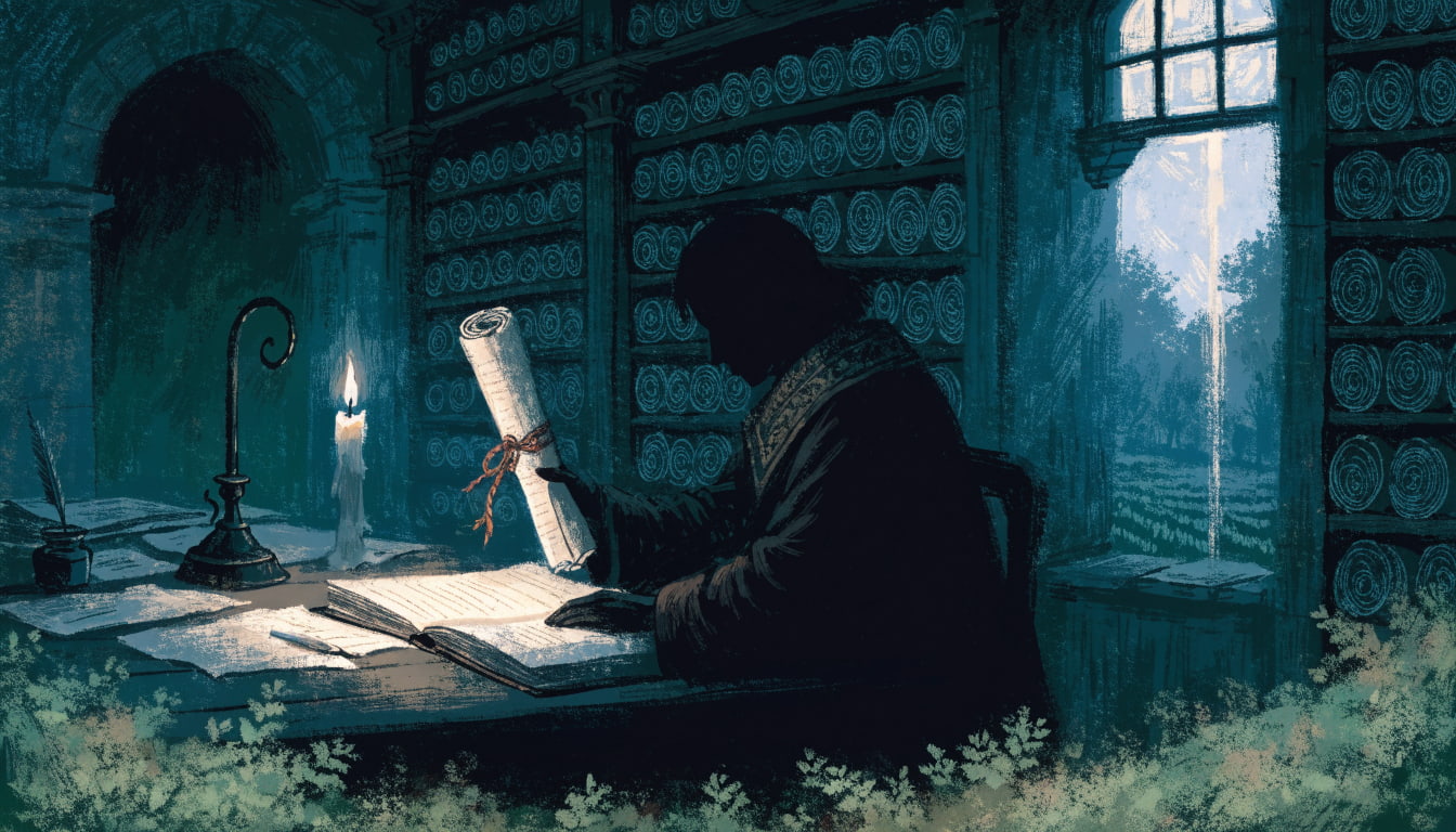 A scholar in a candlelit stone scriptorium holds a wax-sealed scroll and a blank ledger, with a small field visible through a narrow window, in illuminated manuscript style.