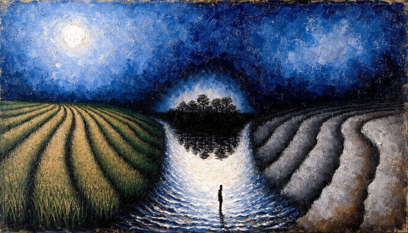 An expressionist split landscape shows a golden rice paddy beside a gray, drained one, divided by a glowing seam of water reflecting an unseen third landscape.
