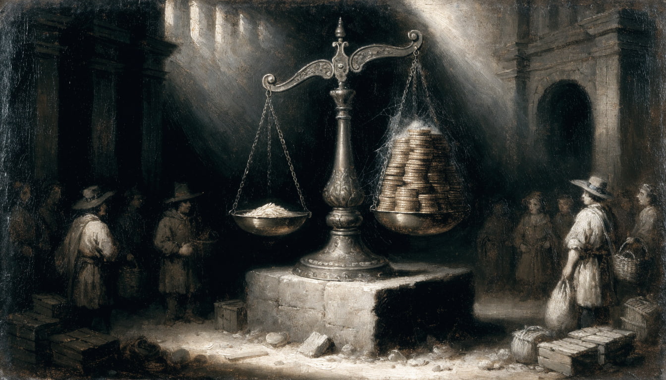 In an Art Nouveau market scene, a brass scale balances a glowing grain of rice against a dusty, cobwebbed stack of gold coins as merchants and farmers wait.