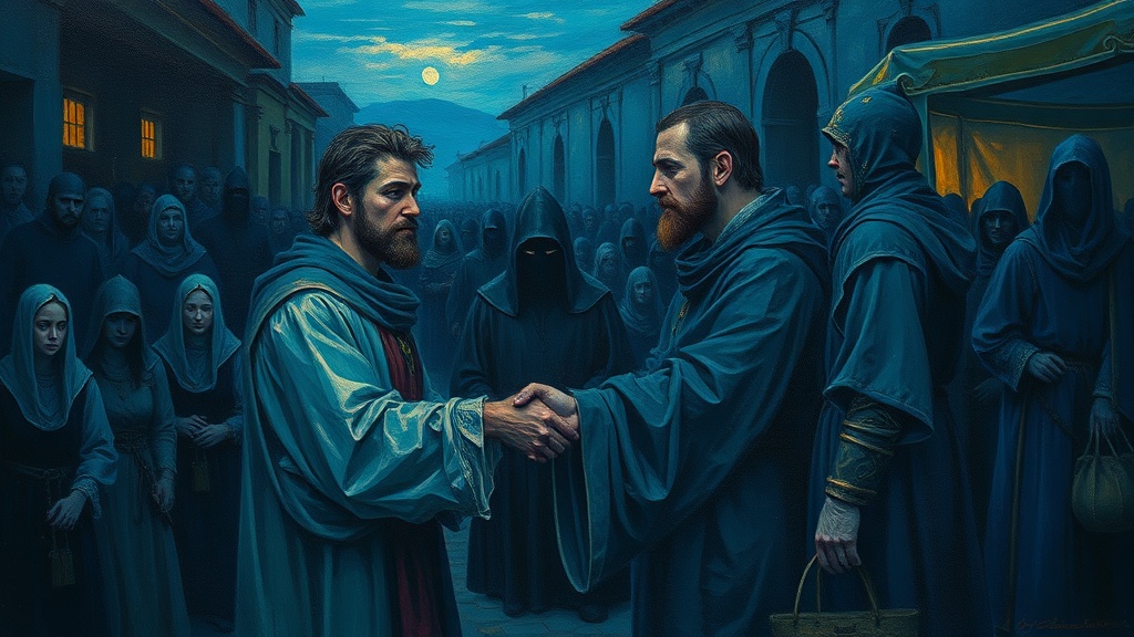 A buyer and seller clasp hands in a crowded medieval marketplace, while a shadowy figure behind them slips a hidden pouch of coins into the seller’s robe.