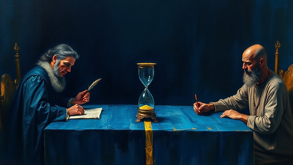 At a guild hall table, a finely robed figure with a contract faces a simply dressed figure with a torn scrap, as an hourglass empties unnoticed by the latter.