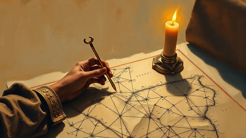 A scholar uses brass compasses and a straight edge to draw geometric lattices across a parchment map filled with shimmering stars and constellations, candlelight glinting on the instruments.