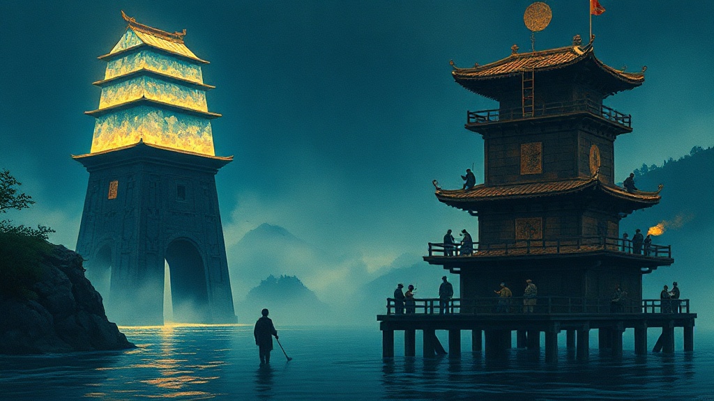 A crystalline siege tower of self-rearranging blocks faces a copper tower emitting sparks and smoke across a misty river, as workers on the copper side gesture toward the luminous structure.