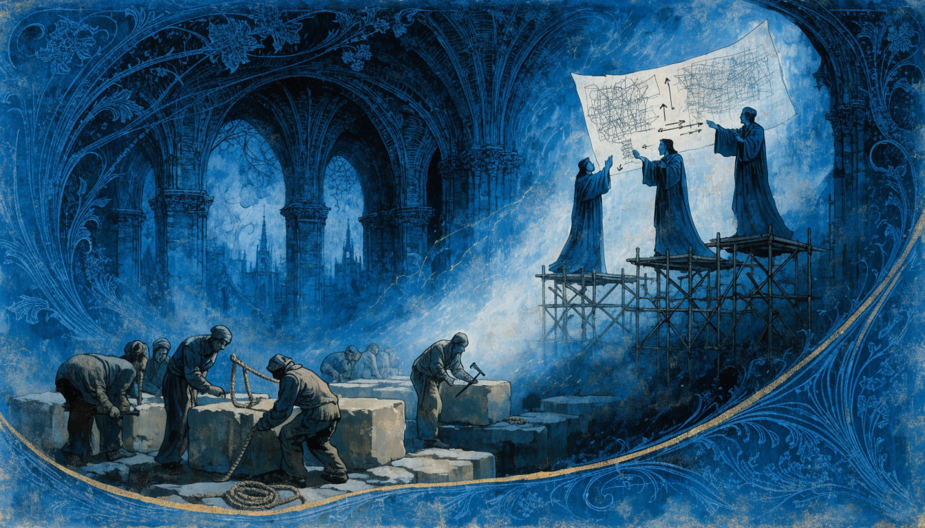 Masons lay foundation blocks in a trench of a half-built cathedral while robed architects on scaffolding argue over blueprints above the unbuilt vault.