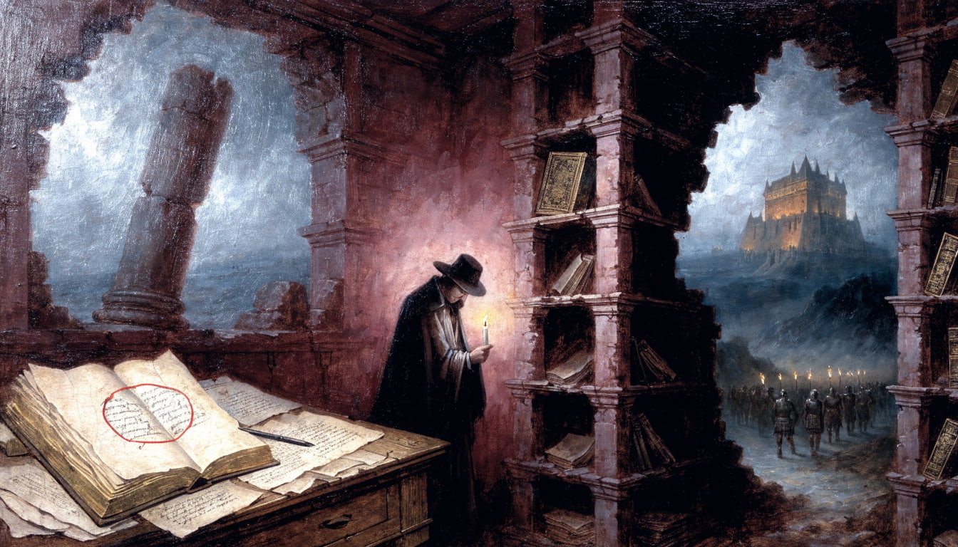 A lone scholar holds a candle in a ruined library with empty shelves, a single circled line on a manuscript, and torchbearers marching away outside.