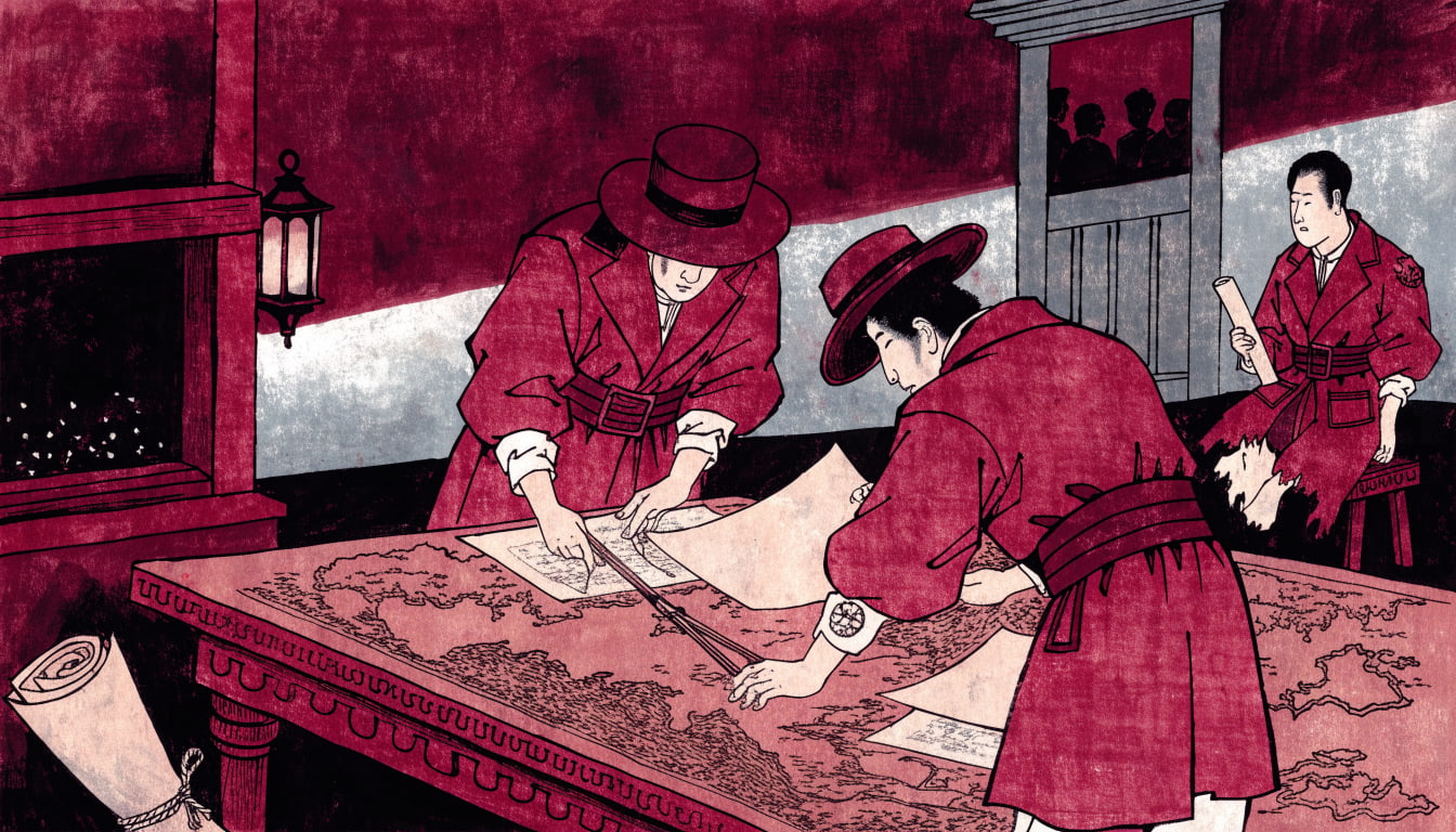 In a candlelit workshop, three agents copy a master coastline map onto vellum while a crier waits with a sealed scroll for the crowd outside.