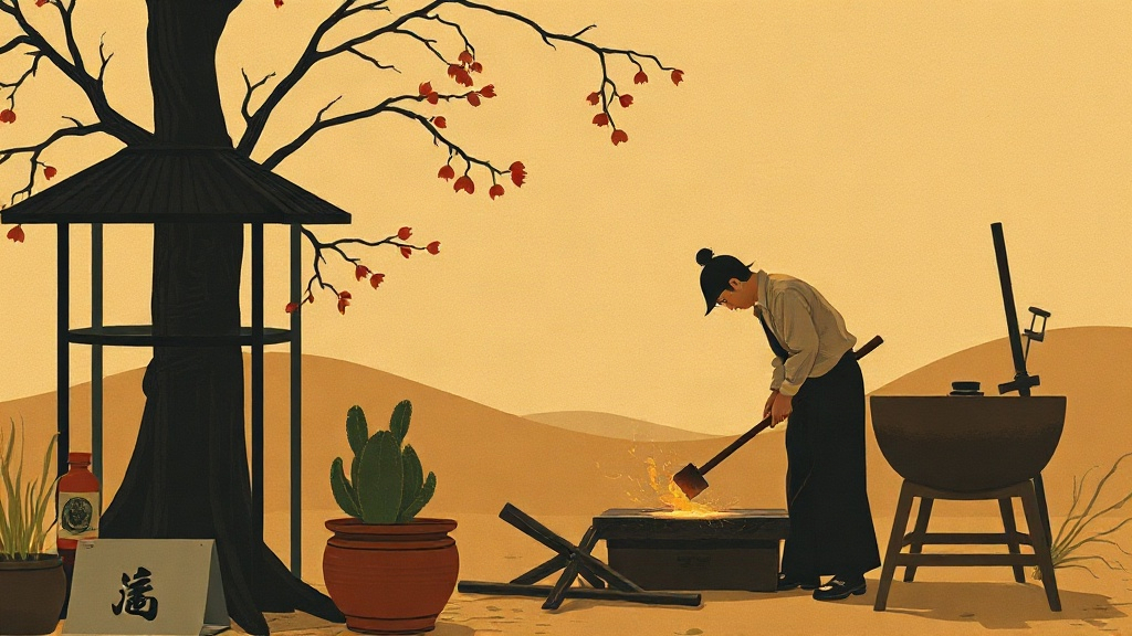 A blacksmith in a forge hammers a chain link on an anvil, the long chain wrapping around a celestial globe on a wooden stand, sparks flying in the firelight.