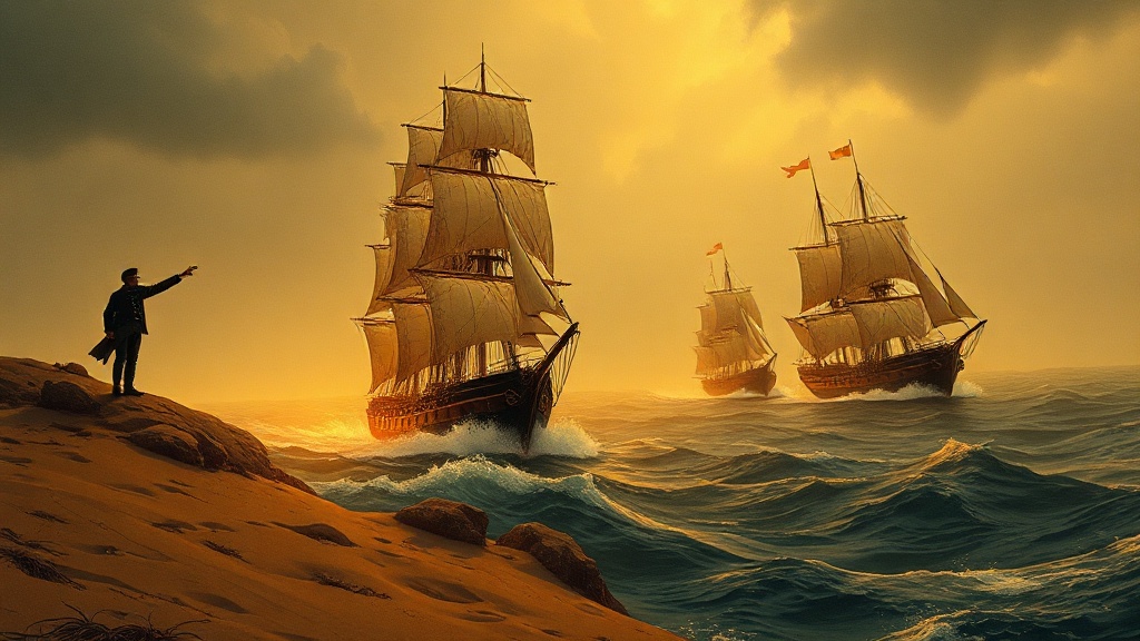 A sleek clipper ship with a transparent, glass-like hull races ahead of two sturdy iron vessels toward a foggy shore, a hidden reef marked by a subtle ripple just below the waterline.