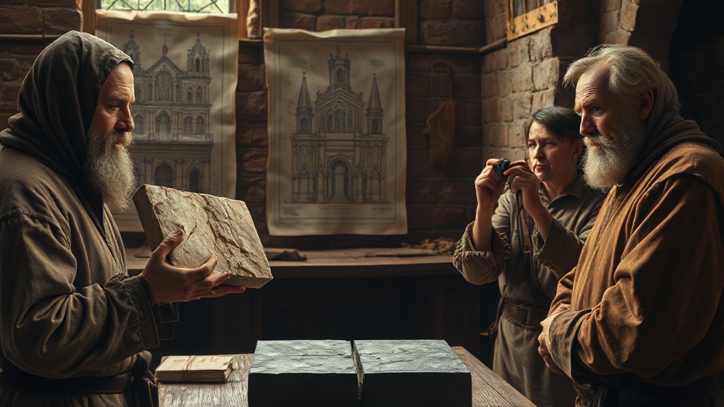 Two medieval builders compare a chipped granite block to a smooth lead block while a skeptical guildmaster peers through a magnifying lens, cathedral blueprints pinned behind them.