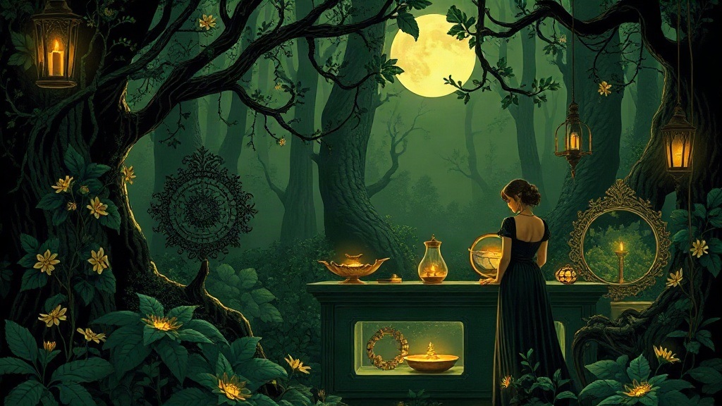 Symbolic painting of a hooded alchemist testing ore over a flame while a merchant gestures at a cartload of grey rocks and leaves a ledger column blank.