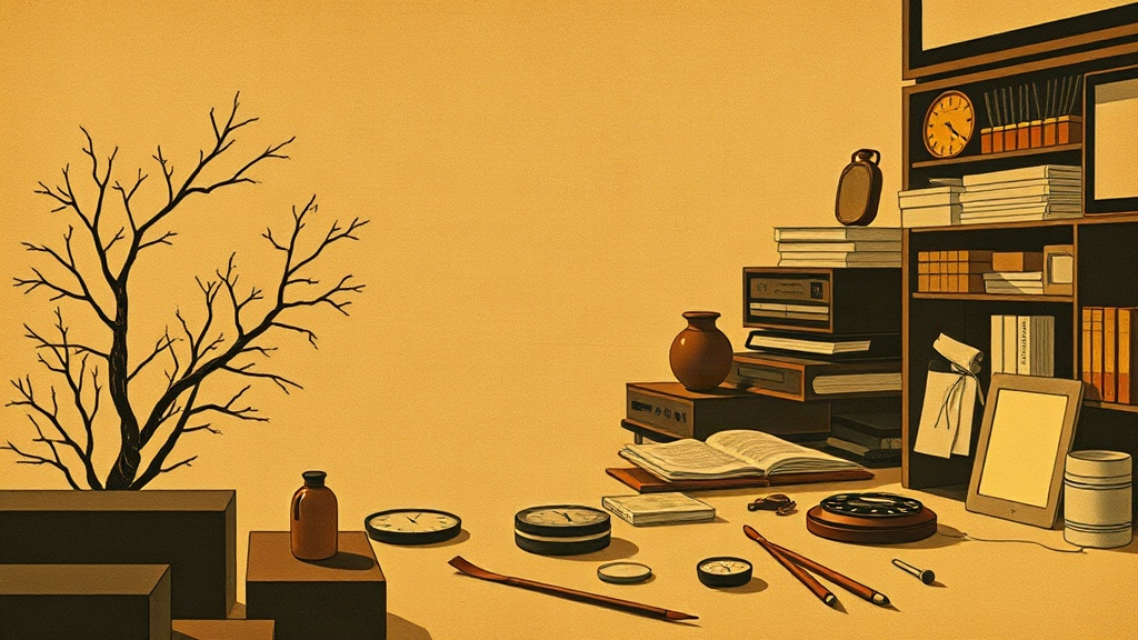 Symbolic painting of a watchmaker's bench with a three-column ledger, a magnifying glass on the first column, and glossy pamphlets lying face-down, ignored.