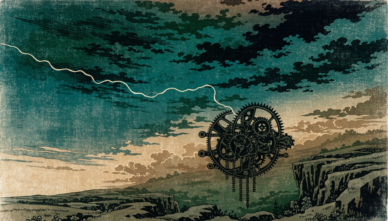 An intricate clockwork mechanism is being assembled in a barren landscape, designed to predict failure points against a turbulent sky.