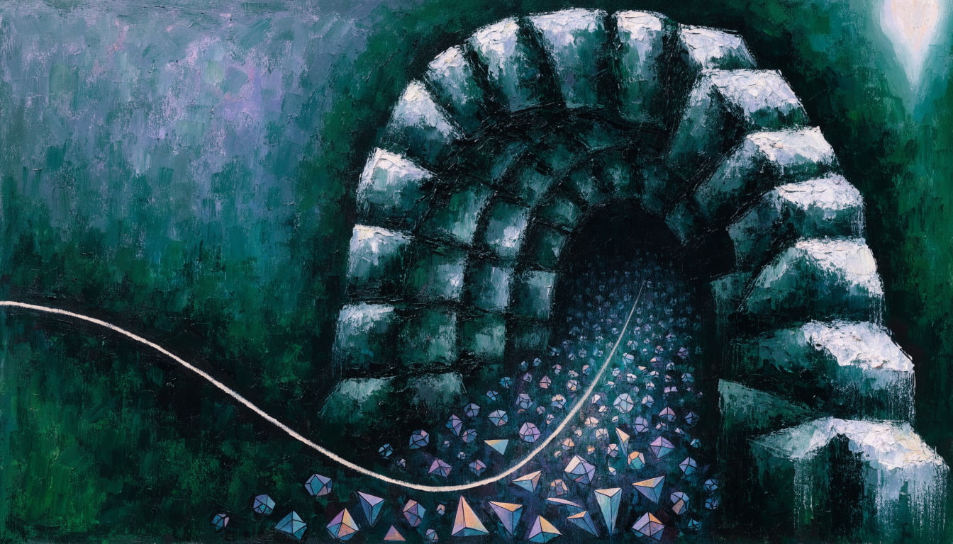 Iridescent, geometric crystalline forms emerge from shadow to precisely map the internal stress points of a massive stone security archway.