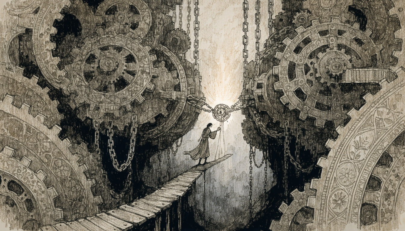 A figure navigates a precarious walkway across a chasm of interlocking gears, manipulating a glowing mechanism representing complex financial arbitrage.