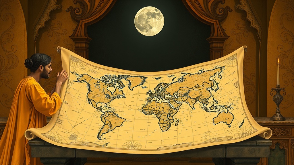 A cartographer in a moonlit room unrolls a scroll showing two formerly separate continents redrawn as one landmass, filling the gap with dense blue calligraphy.