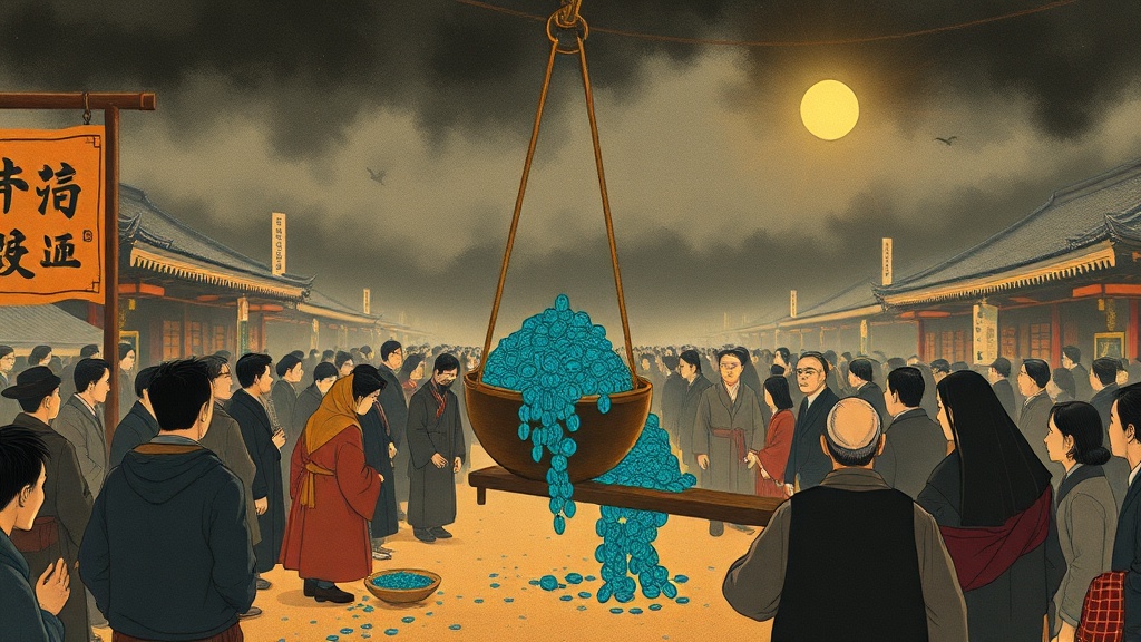 At a stormy crossroads market, a merchant pours blue coins directly from a crucible into a brass scale, bypassing the separate weighing bowls used by other traders.