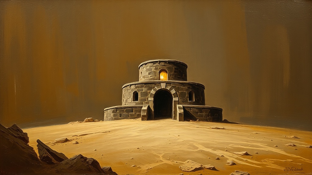 A three-tiered stone aqueduct crosses a cracked desert; only the top tier carries fast-moving water while the lowest tier lies dry and choked with sand.