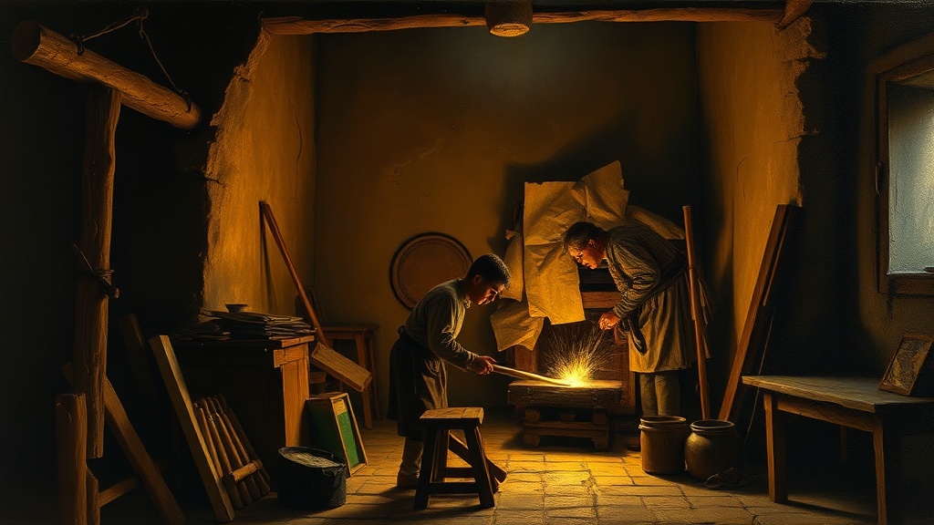 A blacksmith hammers a glowing key on an anvil, sparks flying, with old broken keys on the wall, representing the creation of a new standard for prosthetic control.