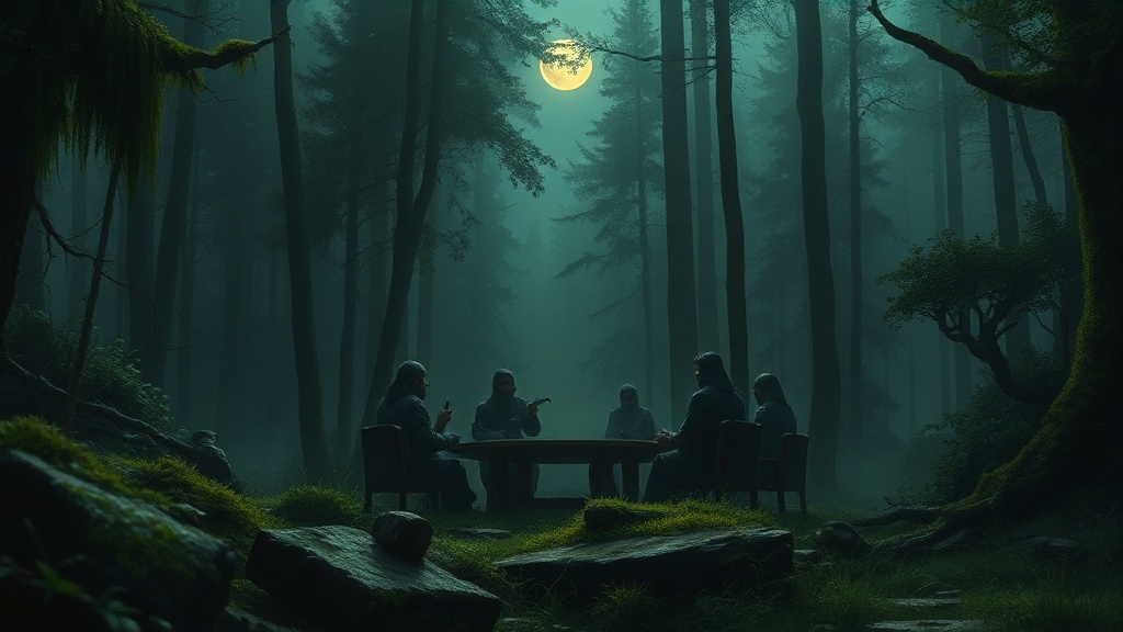 Three robed, faceless figures sit at a stone table, one poised to write on a blank glowing scroll as an abstract sun rises behind an arched window, a broken chain on the floor.