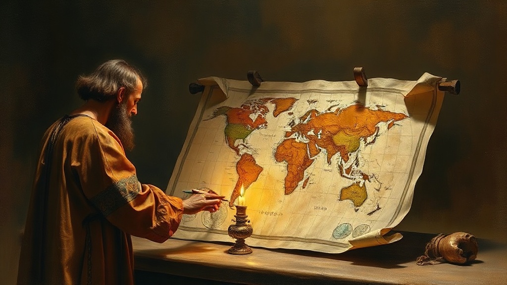 A lone cartographer uses a quill to draw a coastline on an ancient map, while a mechanical skeletal claw drips black ink into a bowl overflowing into a dark ocean.