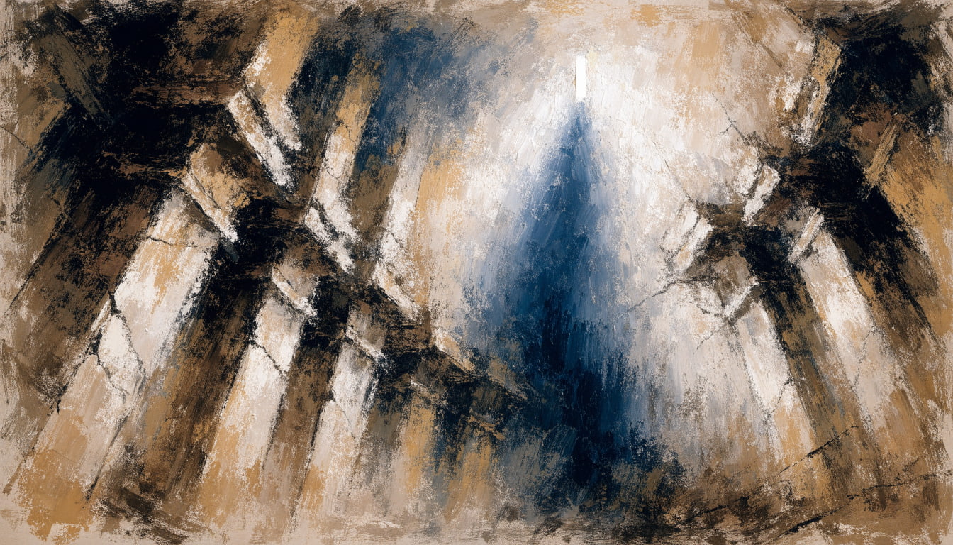 Massive stone buttresses in a cathedral visibly crack under the intense pressure of a brilliant, overhead white light.