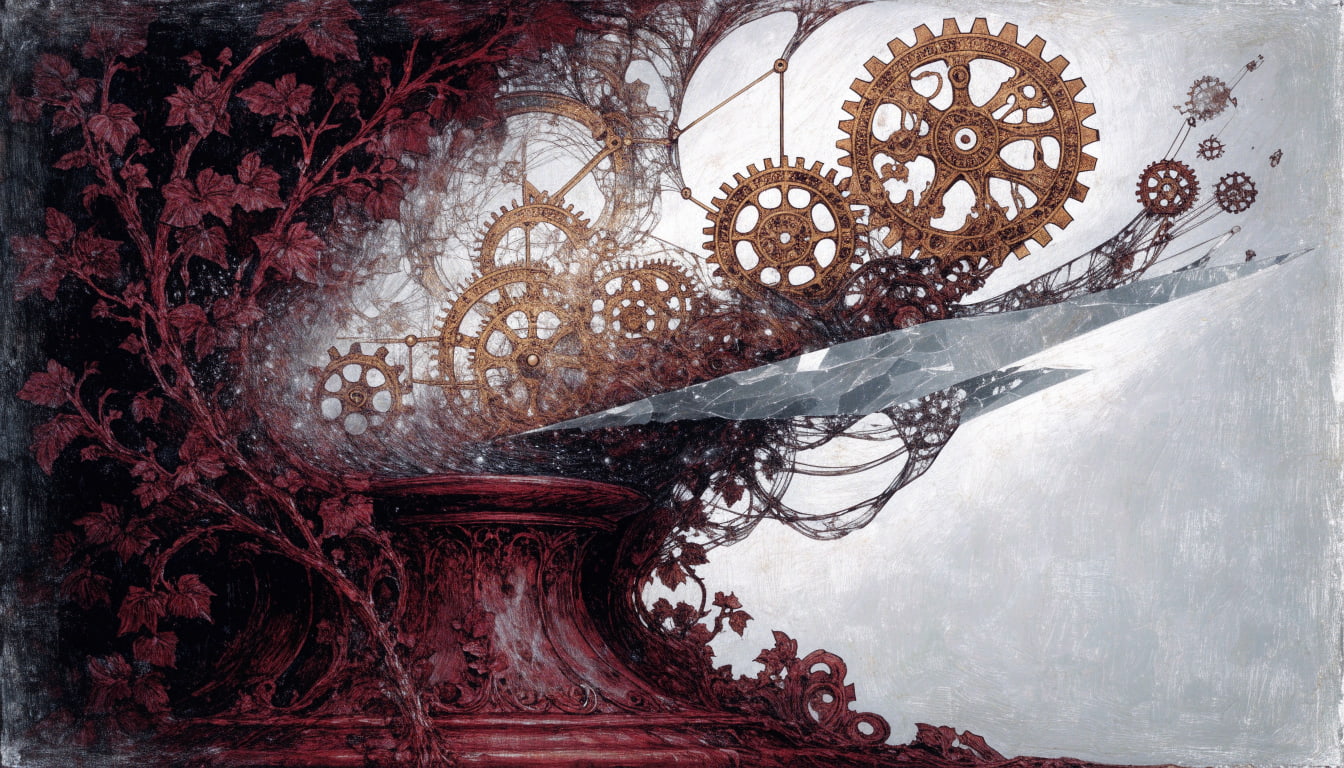 Intricate brass clockwork gears are detached from a heavy wooden base and mounted onto a floating crystalline plane.