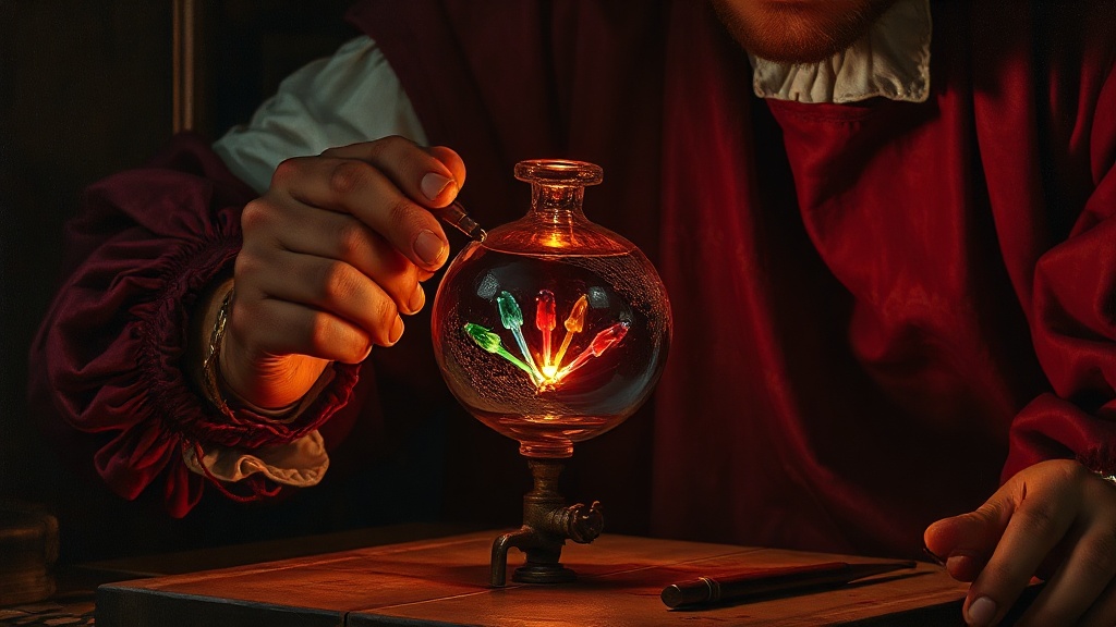 A medieval glassblower holds a glowing orb containing three jewel-toned filaments, with a finger on a brass valve; a fourth dark filament lies covered on the bench.