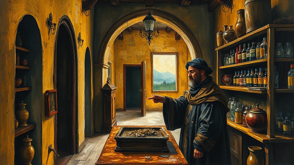 A Renaissance apothecary shop with multiple doorways; a merchant points past shelves of herbs to a locked glass cabinet where a glowing hourglass defies gravity.