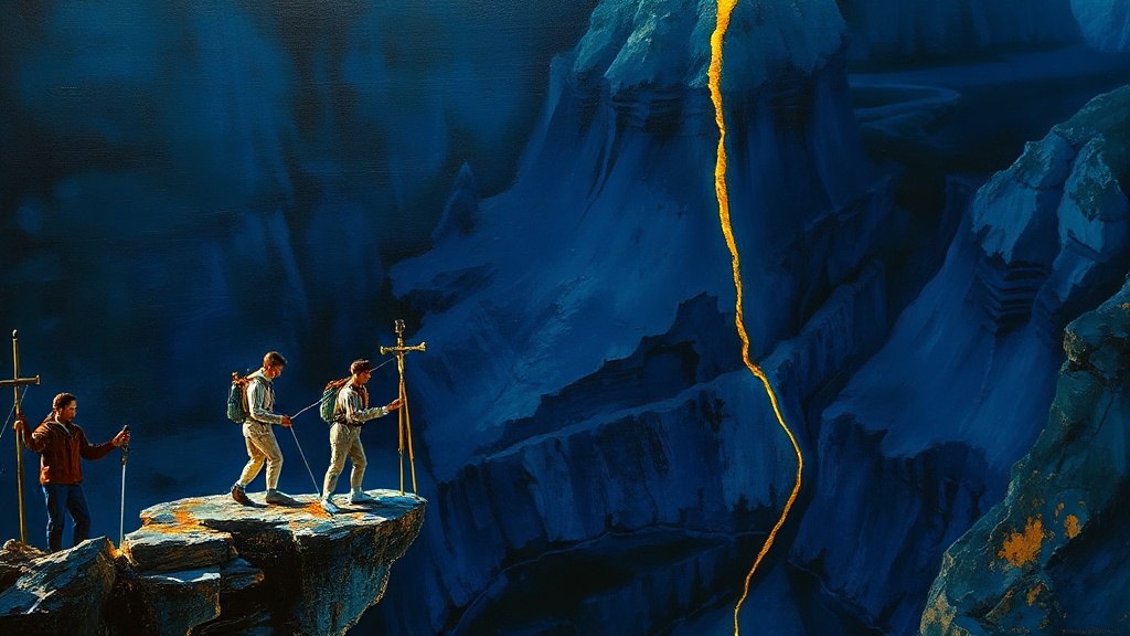 A survey team on a cliff face marks a chalk line halfway up; jagged dark rock above, smooth luminous rock below, while architects unroll blueprints at the base.