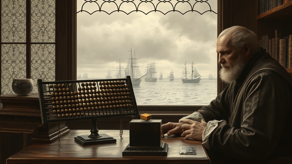 A Renaissance merchant in velvet robes stares at a frozen abacus, weighing a single grain of wheat against a dark iron cube, with empty cargo ships becalmed outside the window.