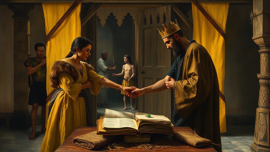 A northern boyar and a southern king clasp hands over a ledger, with a sack of grain and a glowing green crystal on the table, while a starving figure is turned away at the fortress gate.