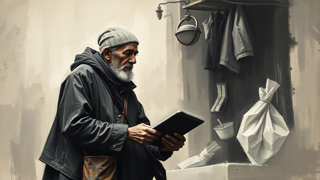 An elderly merchant in a market square weighs gold coins against paper scrolls on a scale, the gold side sinking. Onlookers in traditional and modern dress watch with suspicion, as cracks spider across a stone temple facade behind them.