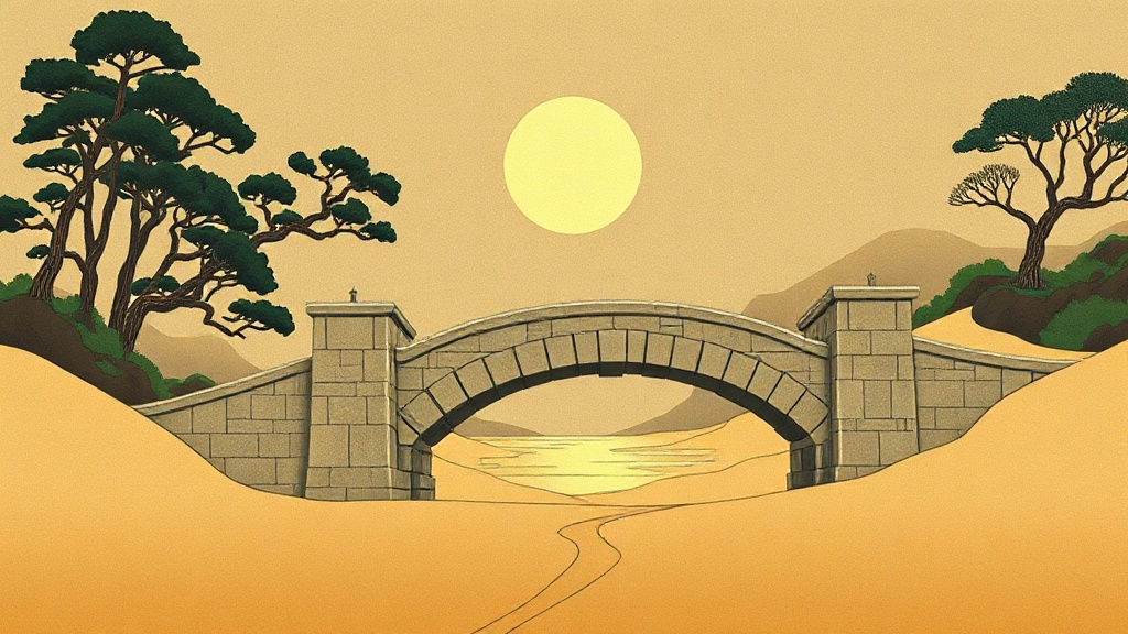 A stone bridge under construction over a deep river gorge, with workers hoisting stones, three completed arches on the far side, and a blueprint on a rock.
