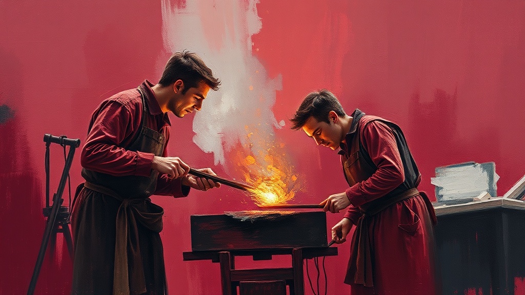 Two blacksmiths strike molten metal on an anvil with synchronized hammers, sparks flying, as the metal fuses into a single solid bar in one blow.