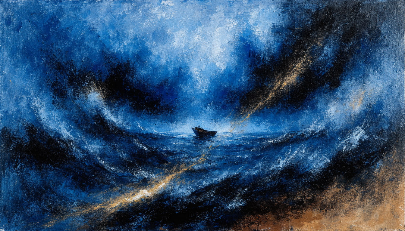 A small, perfectly crafted wooden vessel navigates calm waters amidst turbulent, chaotic waves, symbolizing localized precision over systemic risk.