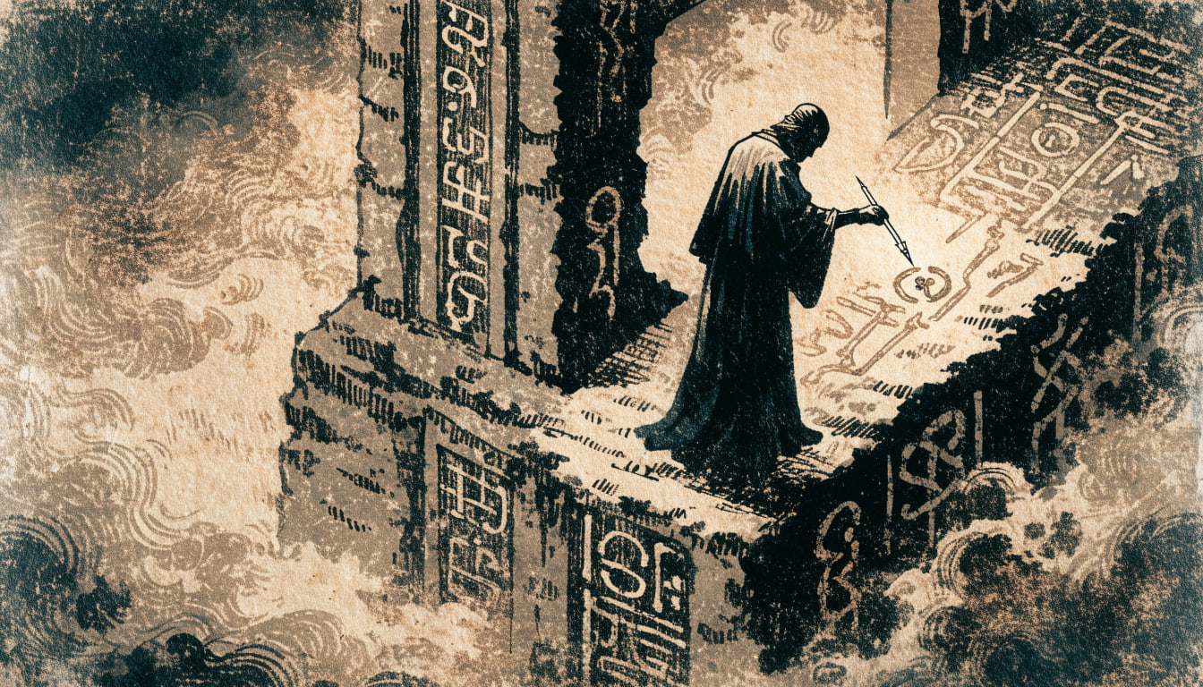 A robed figure uses a silver stylus to precisely strike a glowing rune on a crumbling stone structure, representing precise intervention halting systemic decay.
