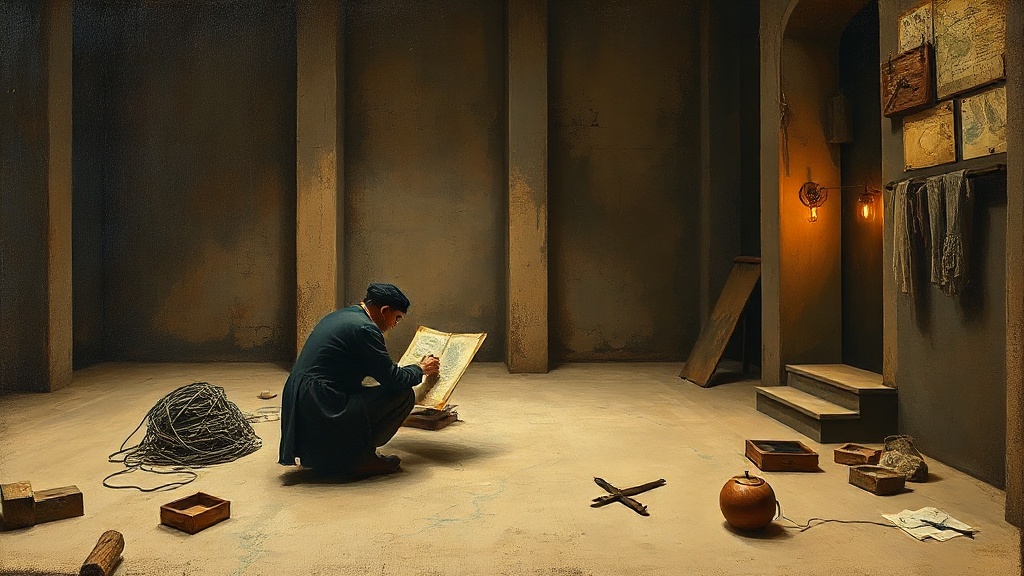 A cartographer draws a new boundary line on an incomplete map of an unmapped coastline, as storm clouds gather on the horizon.