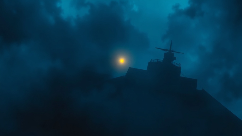 Two ships approach a narrow strait at twilight—one old with patched sails, one sleek with a coin symbol—while a robed figure on a cliff weighs them against a storm cloud.