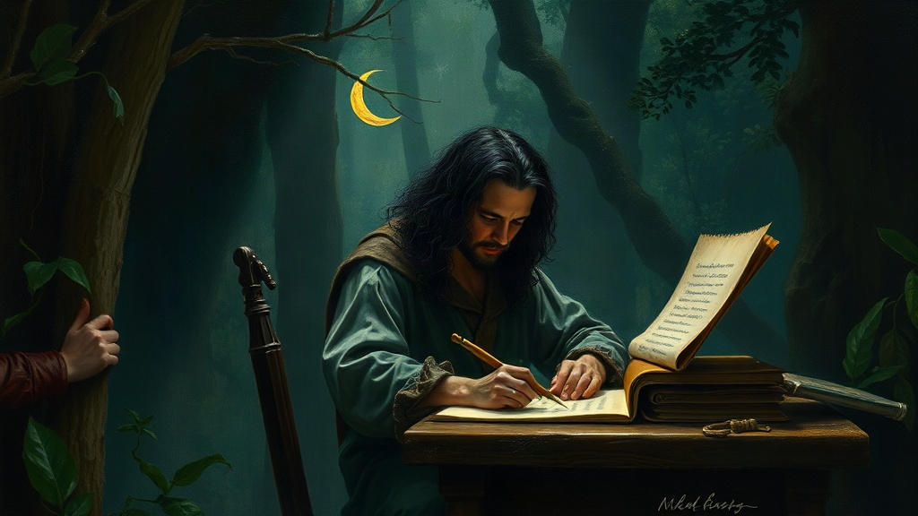 A medieval scribe at a desk holds one marked scroll while blank scrolls fill with identical marks as if by invisible hands, lit by a single candle.